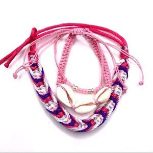 Set of 3 Pink stackable braided cord shell bracelet